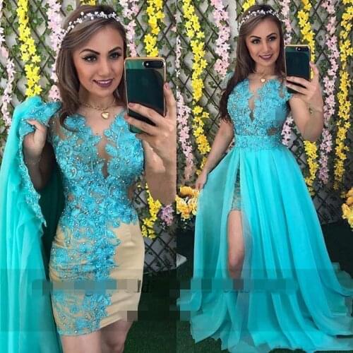Hunter Elegant 2 Pieces short Prom Dresses Lace Appliques Pearls Side Slit Evening Gowns short Cap Sleeves Chiffon Formal Women