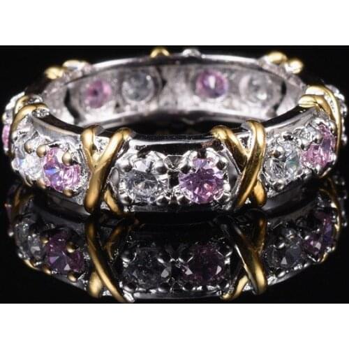 Brand Jewelry Ladys 925 Sterling Silver pink Tanzanite Couple rings Yellow Gold Cross Eternal Wedding Ring for Women size 5-12