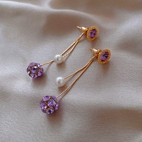 Korea Fashion Purple Crystal Long Pendant Earrings for Women New Hypoallergenic Zircon Statement Earrings High Quality Jewelry