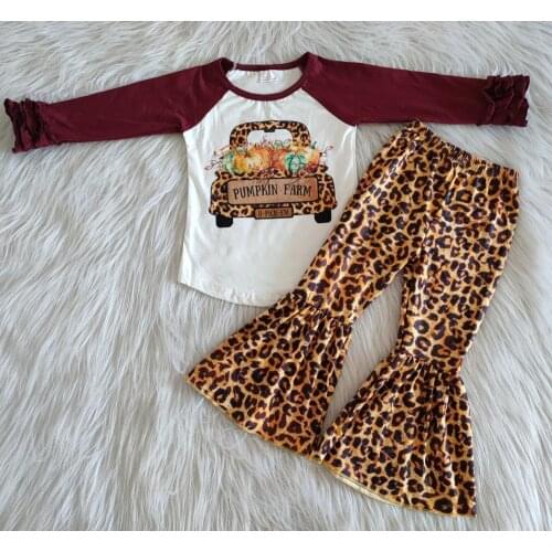 Pumpkin and car printed Fashion Baby Children Clothing Long Sleeves Tops Leopard Bell bottoms Boutique Kids Clothing-Sets