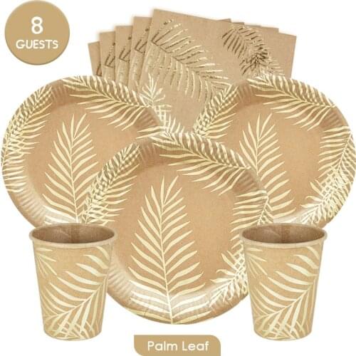 32pcs 8Guests Disposable Palm Leaf Kraft Gold Foil Tableware Sets Plates Cups Napkins Birthday Party Wedding Decration Eco