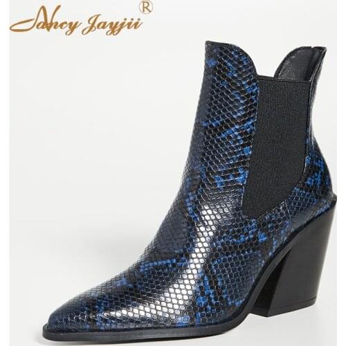 Blue snakeskin leather ankle boots snake print womens shoes pointed square high heels autumn and winter popular casual 2019