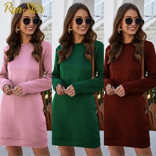 Autumn Winter O Neck Long Sleeve Womens Sweatshirt Dress Fashion Loose Pocket Ladies Mini Dress 2021 New Female Clothing