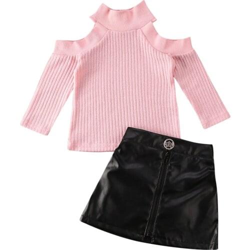 1-5Y Toddler Kid Girls Clothes Set Off Shoulder Pullover Sweater Tops PU Skirts Outfits Autumn Spring Children Girls Costumes