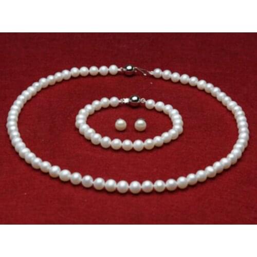 Sets 8-9mm white round freshwater pearl necklace bracelet earrings