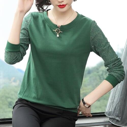 Shintimes Poleras Mujer Beading Vintage Woman Tshirts 2020 Autumn Long Sleeve T Shirt Women Cotton Lace Clothing Femme T-Shirts