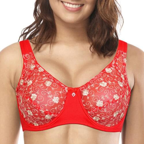 YBCG Women Lingerie Red Bra Lace Unlined Embroidery Floral Brassiere Underwire See Through Bras For Women Plus Size A B C D E F