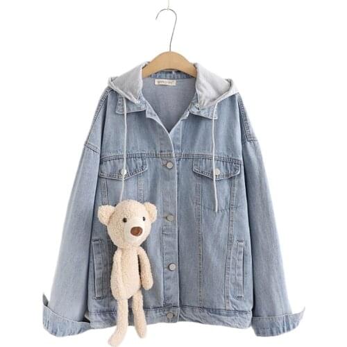 Blue Hooded Women Denim Jacket Cartoon Bear Appliques Coat 2021 Autumn Single Breasted Casual Korean Ladies Pocket Outwears