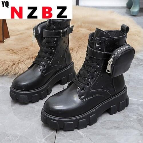 YQNZBZ Black Punk Ankle Platform Motorcycle Martin Boots Women Lace up Chunky Heel Belt Buckle Pocket Designer Shoes Women