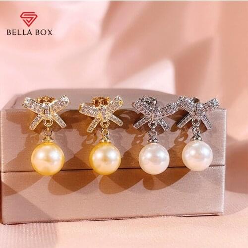 BELLA BOX Natural Freshwater Pearls Earrings For Charm Lady With Round Pearl White Yellow Wedding Engagement Fine Jewelry Gift