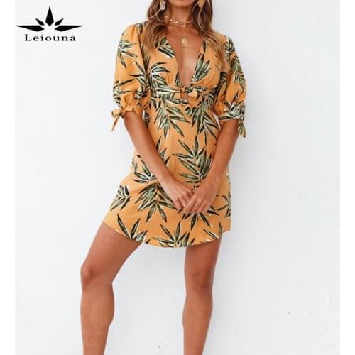 Leiouna Hot Sale Fashion Printing V-Neck Street Open Back Frenulum Zipper Puff Sleeve Women A-line Dress