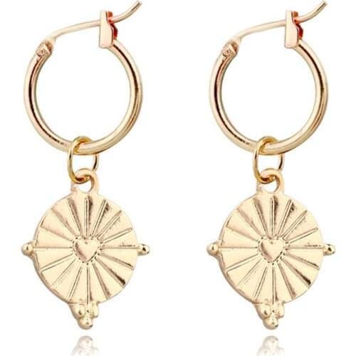 1Pair Vintage Heart Round Alloy Small Hoop Earrings For Women Gold Metal Color Geometric Circle Pendant Earrings Jewelry E252