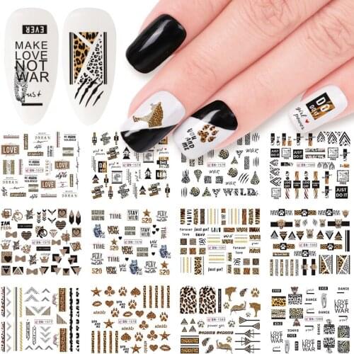 12pcs Leopard Print Nail Sticker Water Transfer Slider Black Letter Flower Geometry Tattoo Nail Art Decals Tip LYBN1573-1584-1