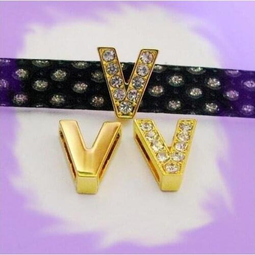 50pcs 8mm zinc alloy and full rhinestone *V* Slide letters Wear letters Fit Wristbands and Pet Collar DIY Accessories