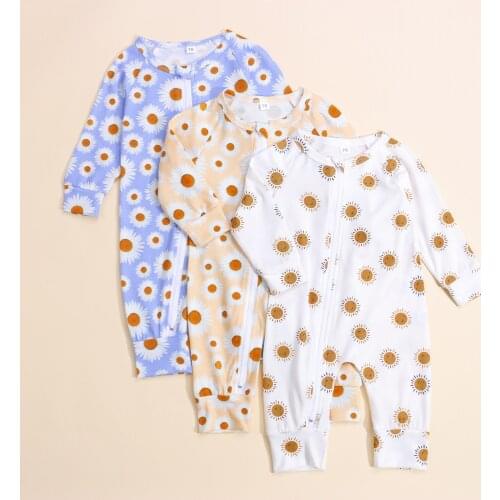 Baby Spring Rompers, Sun Print O-Neck Long Sleeves Sloping Zipper Open Jumpsuits for Toddlers, Girls, Boys, 0-24 Months