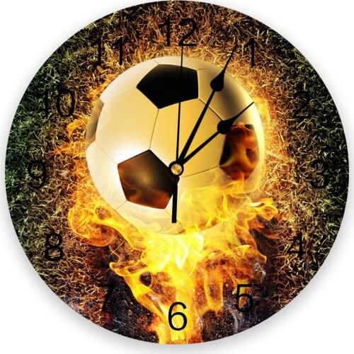 Football On Fire On The Grass Creative Wall Clock For Home Office Decoration Living Room Bedroom Kids Room Hanging Watch