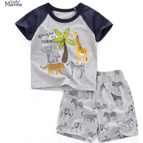 Little Maven Brand Children 2021 Summer Baby Boy Clothes Toddler Cotton Set Animal Print Gray T Shirt+ Shorts for Kids 2-7 Years