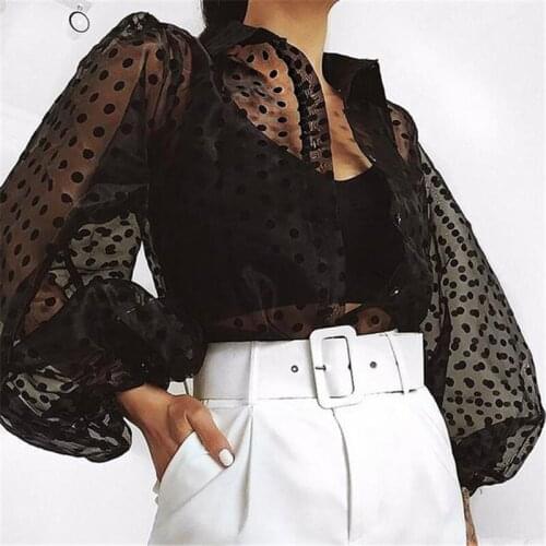 Fashion Womens Shirt Formal Long Sleeve Tops Perspective Black Mesh Blouse Tops Office Lady Shirt Polka Dot Print Blouses Shirt
