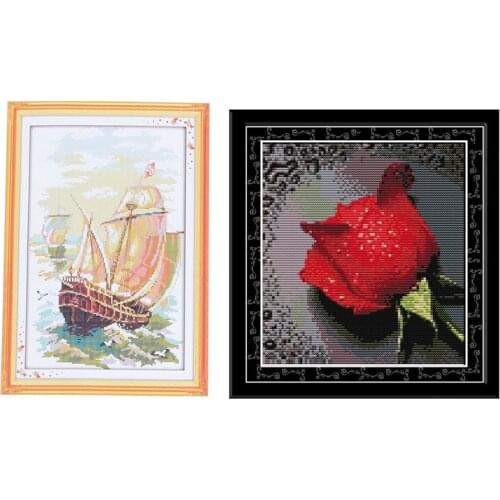 Embroidery Kit 14CT Rose with Dew Pattern Cross-Stitching 21x22cm & 11CT Printing Sailboat Cross Stitch 37 x 54cm