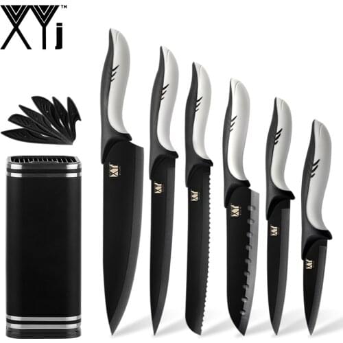 XYj Black Oxide Knife Set of 6 & Blade Protective Sheath Stainless Steel Non Stick Black Coating Blade Knives & 8"Kitchen Holder