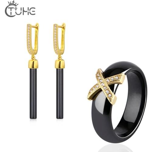 Gold Metal Ceramic Jewelry Set Long Drop Earrings With X Cross Crstal 6mm Ceramic Ring Smooth Ceramic Ring Fashion Style Gifts