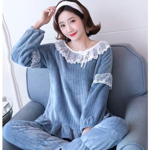 Women Sleepwear Pyjama Suit Thick Warm Cute Sleepingwear Girls Coral Fleece Pajamas Lace O-neck Lady Sweet Flannel Homewear 1567