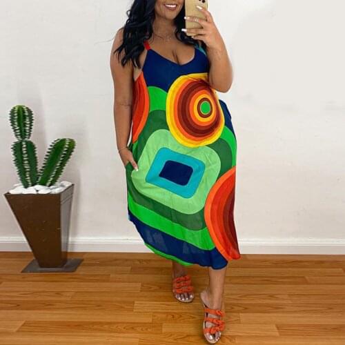 4XL 5XL Plus Size Spaghetti Strap Dress For Women Large Printed Loose Causal Mid Calf Fashion 2021 New Summer Clothes Dresses