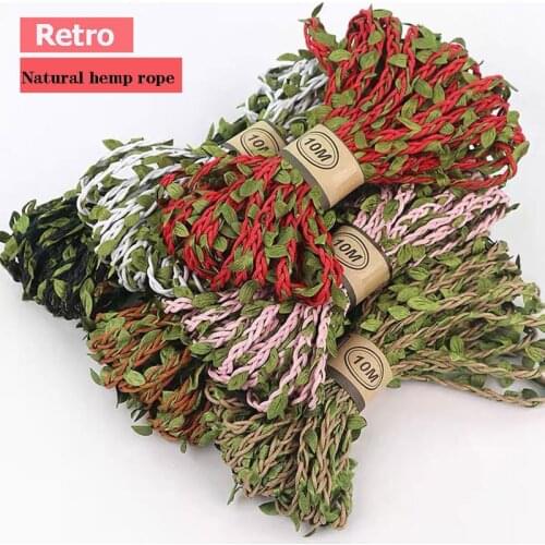 5Meter/lot Natural Jute Twine 5MM Burlap Leaf Ribbon with Artificial Vine Green Leaves DIY Craft Vintage for Wedding Party Decor