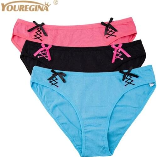 YOUREGINA Sexy Solid Pure Bowknot Women Lace Underwear Panties Cotton Briefs Knickers Lingerie Ladies Intimates 3pcs/lot M L XL