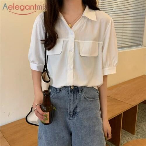 Aelegantmis Casual Solid Lantern Sleeve Blouses for Women Turn Down Collar Single Breasted Shirt Summer Thin Korean Chic Blouses