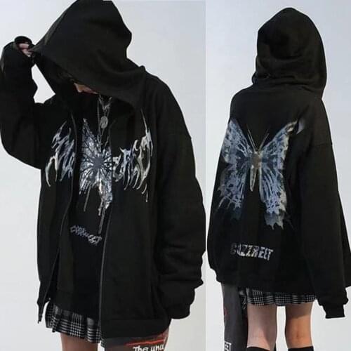 Women Hip Hop Streetwear Hoodies Women Jacket butterfly Print Coat Goth Harajuku Y2k aesthetic Clothes Punk Jacket Zip-up