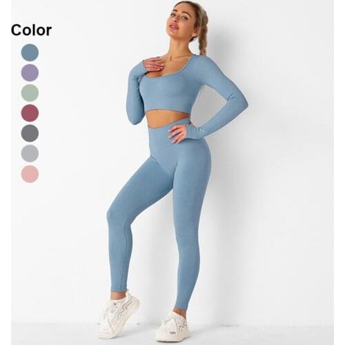 Fitness Clothing Women Gym Suit Flat Collar Long Sleeves Crop Top Sports Leggings Seamless Yoga Set 2Pcs Running Active Wear Set