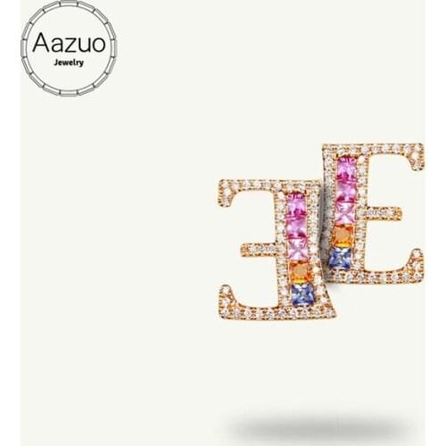 Aazuo 18K Jewelry Rose Gold Natural Coloured Gemstone Real Diamond Initial Lucky 26 Letters Stud Earring gifted for Women Trendy