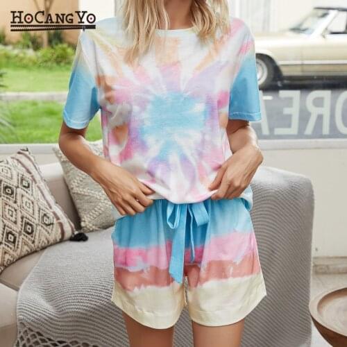 Women Summer 2 Pieces Set 2020 Printed Tie-dyed Pajamas Short-sleeve Two Piece Set Top and Shorts Women Casual Drawstring Suits
