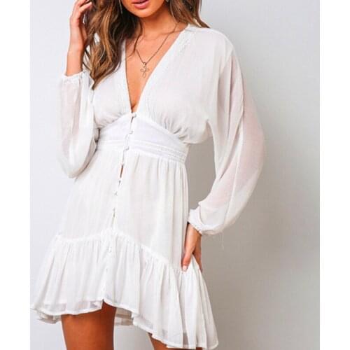 Women White See-through Lace Trim Dress Adults Spring Autumn Button-down Solid Color Long Sleeve V-Neck Dress