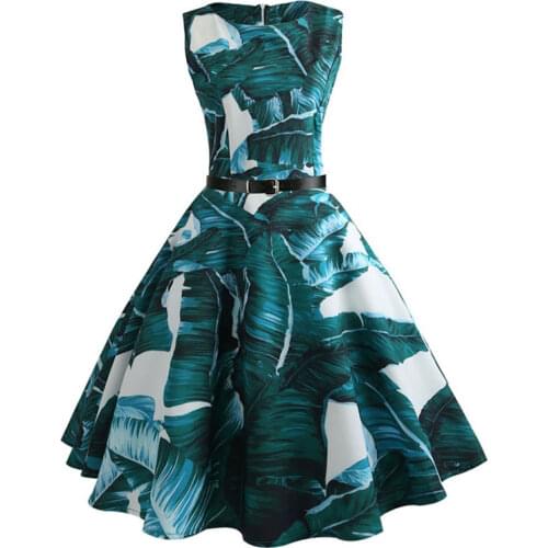 Women Vintage Floral Print Summer Dress Elegant Swing Rockabilly Party Dresses Plus Size Casual Midi Tunic Beach Dress