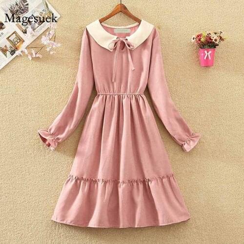 French Vintage Elastic Waist Slim Long Sleeve A-line Doll Collar Long Dress Bow Tie Women Korean Autumn 2020 New Dress 12068