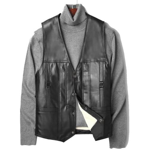 Cowhide Genuine Leather Vest Men Waistcoat Male Sleeveless Jacket Thick High Quality Motorcycle Vest Multi Pocket button