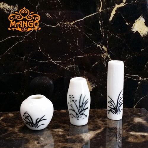 1:12 Dollhouse Miniature Ceramic Flower Vase with Black Painted Floral Free Shipping