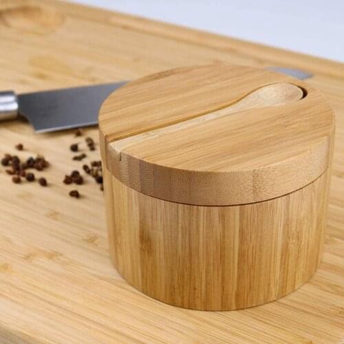 2 Pack Bamboo Seasonings Box with Spoons Salt Box with Lids Pepper Spice Cellars Storage Container