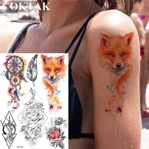 COKTAK Flash Gold Fox Watercolor DreamCatcher Temporary Tattoos Sticker Feather Rose Flower Tattoo Art Arm Fake Tatoos Feather