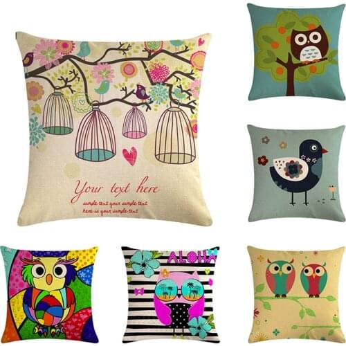 45*45cm Cartoon Owl Pattern Cotton Linen Throw Pillow Cushion Cover Home Decoration Sofa Bed Decor Decorative Pillowcase