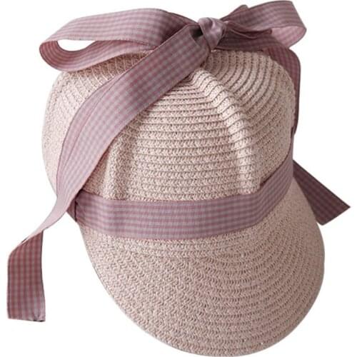 Kids Summer Woven Straw Baseball Cap Sweet Plaid Ribbon Bow Sunscreen Peaked Hat