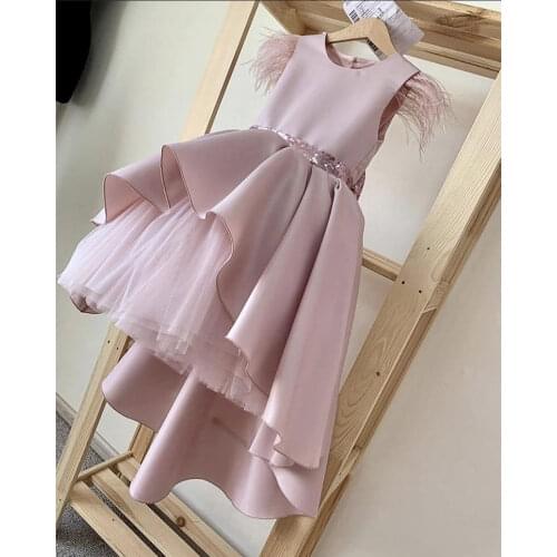 Pink High Low Pretty Girls Dresses with Bow Feather O Neck Flower Girl Dress Kids Children Birthday Party Gown