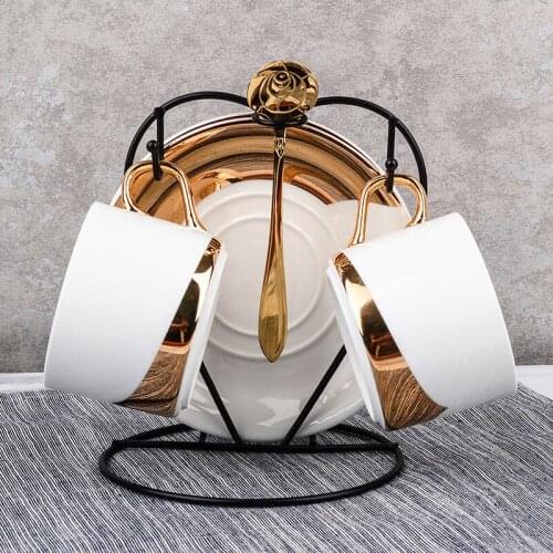 Europe Luxury Tea Set Bone China Ceramic Coffee Cups Set with Spoon Saucer Metal Creative Mug household teapot Wedding Gifts