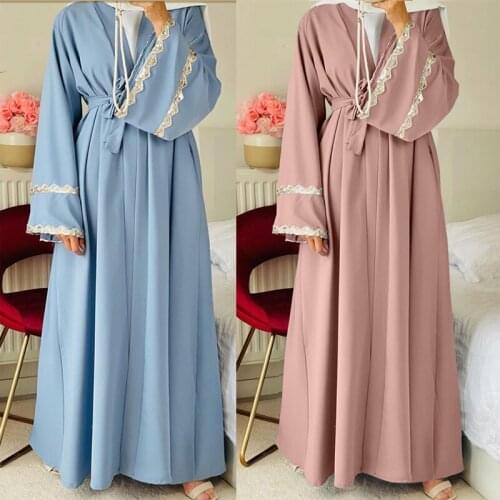 Abayas for Women Cardigan Fashion Muslim Dress Female Ramadan Solid Color Loose Casual Lace Up Modest Caftan Islam Clothing