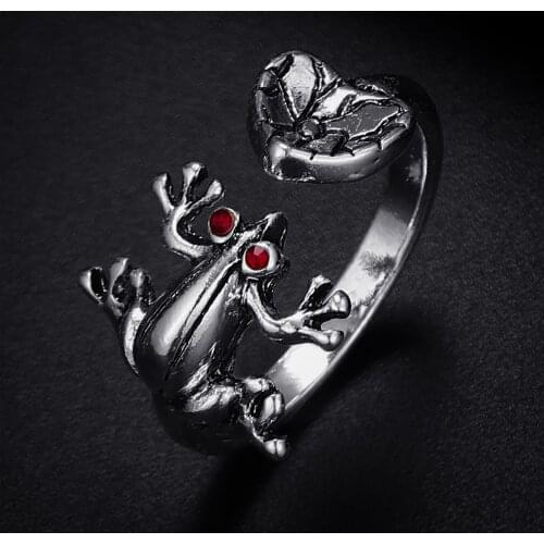 Trendy Vintage Frog Leaf Antique Silver Plated Punk Hiphop Rock Style Resizable Rings for Women Girl & Man Retro Party Jewelry