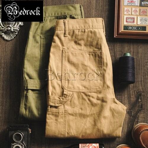 RT 7.5oz washed Herringbone cargo pants pocket vintage tie feet overalls men Olive green CHINO casual pants not fade not shrink