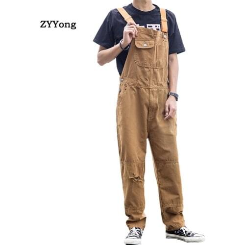 2021 Overalls Mens Bib Denim Jumpsuit Loose Fit Casual Pants Broadcloth Jeans Ripped Hip Hop Streetwear Brown Blue Trousers