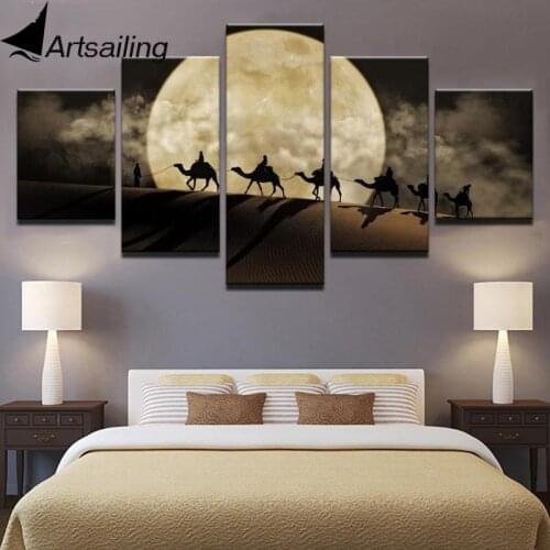 Wall Picture Print Painting Modular 5 Panel Full Moon Desert Poster Canvas Frame Art For Living Room Home Decoration Artwork
